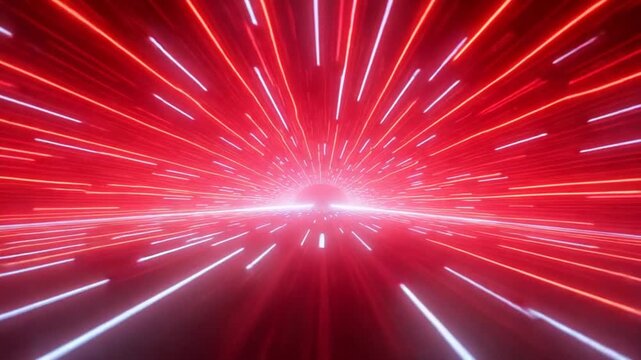 Speed of digital lights, neon glowing rays in motion into digital technologic tunnel. Design. 3D effect of the flight inside red tunnel.