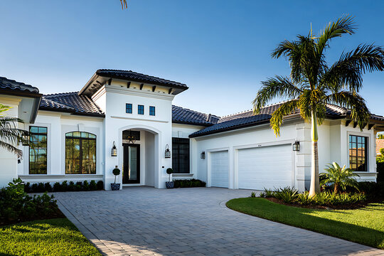 Modern Luxury Home Exterior Design with Landscaping and Beautiful Architecture in Florida Clear Blue Sky Provides the Backdrop