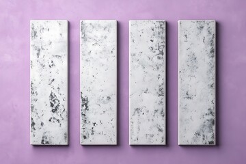 Four White Distressed Rectangular Tiles on Lavender Background; Minimalist, Modern Design.