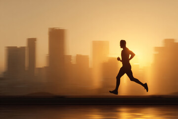 Fototapeta premium Marathon Runner Silhouette at Dawn with Urban Cityscape Background