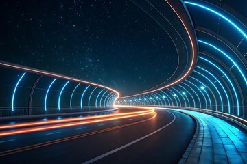 Futuristic Neon Highway Curve at Night:  Speed, Technology, and Starry Sky Background.