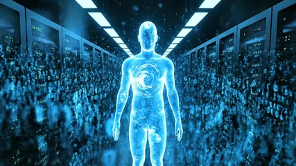 Futuristic Data Center with Glowing Artificial Intelligence Humanoid. - Powered by Adobe