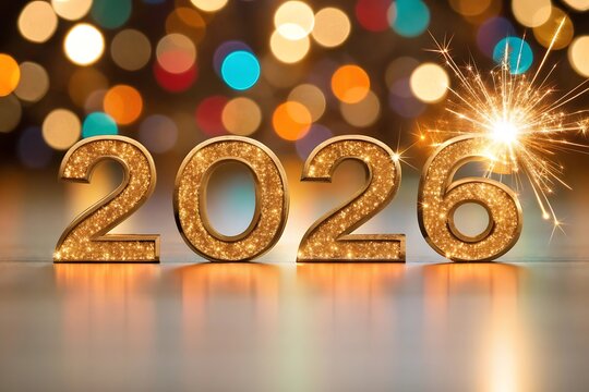 Sparkling Gold 2026 New Year's Eve Celebration: Festive Glitter Numbers and Bokeh Lights