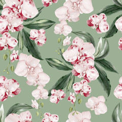Beautiful seamless pattern with pink flowers and green leaves of orchids.