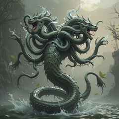 Obraz premium Hydra, a many-headed monster from ancient Greek mythology. When it loses a head, it grows two new ones. Water snake. Deadly breath and poisonous saliva. Lernaean Hydra or Hydra of Lerna.