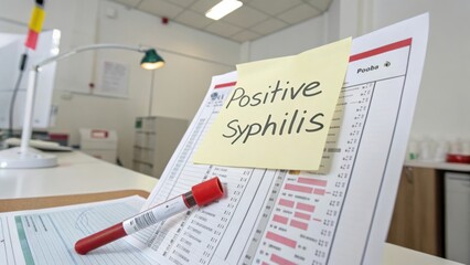 Fototapeta premium Medical documentation showing a positive syphilis test result on a laboratory report with test tubes and notes in a clinical setting