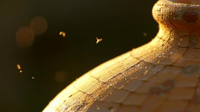 Close-up terracotta pot with cracks in the sunlight and flying insects. Rustic clay vase with warm light and bokeh.