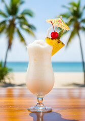 A tropical cocktail with a cherry and umbrella, served on a beach