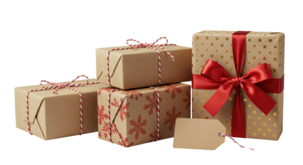 Four elegant kraft paper gift boxes with red & gold accents, ribbons, bows, and a gift tag, isolated on transparent, bright studio light, festive product concept