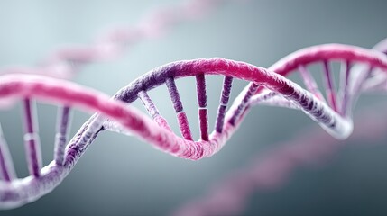 Macro Pink and Purple DNA Strand Helix on Blue Gray Gradient Background Genetic Code Biotechnology Scientific Research Medical Innovation High Tech Detail