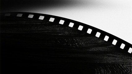 Close-up of a curved film strip on a dark wooden surface