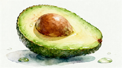 Watercolor illustration of a halved avocado with visible pit and droplets