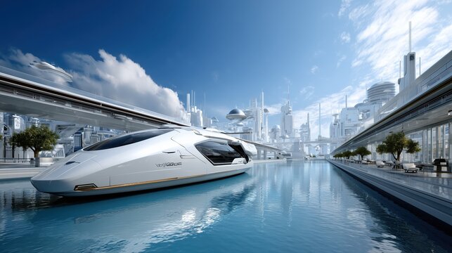 Futuristic yacht moored in a canal in a futuristic city with elevated train passing by