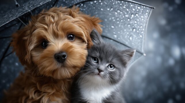 Adorable puppy and kitten huddling together under umbrella in rain