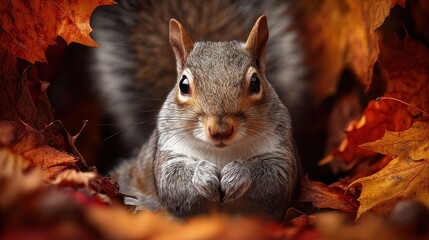 a curious gray squirrel holds a nut amidst colorful autumn leaves looking directly at the camera in natural light ai generated images