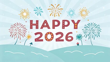 Colorful Fireworks and Festive Text Celebrating New Year 2026 Against a Bright Blue Background with Stylized Hills