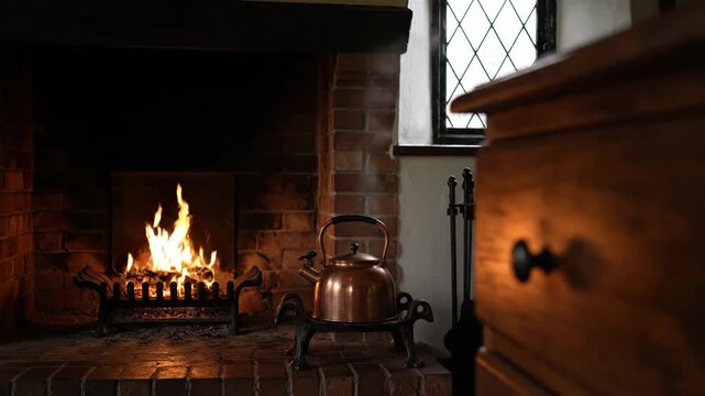 Warmth and Comfort: A Cozy Fireplace Scene in a Charming British Cottage, Antique Copper Kettle Steaming by the Fireside in a Welcoming British Home
