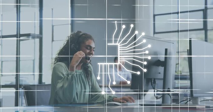 Support agent typing in tech office, grid overlay showing network convergence into AI microchip
