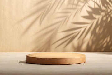 Minimalist Beige Product Display: Round Wooden Platform with Palm Leaf Shadows