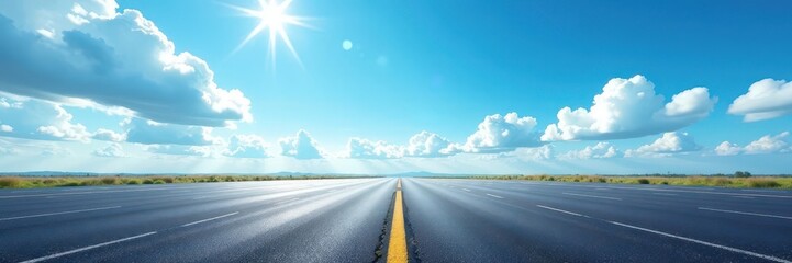 Asphalt ground meets a breathtaking blue sky, scattered with clouds , road, wide, sky