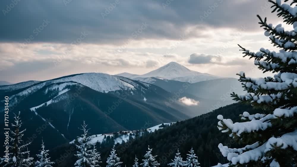 Poster a scenic view of a snowy mountain range with a single pine tree standing tall in the foreground
