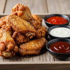 Deliciously golden fried chicken wings, tantalizingly arranged on a wooden tray, served alongside three vibrant dipping sauces, promise a flavorful experience.