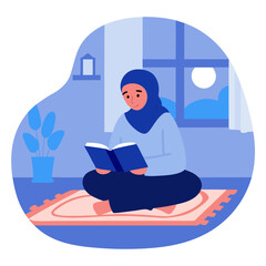 Fototapeta premium Muslim teen reading Quran at home in evening light 
