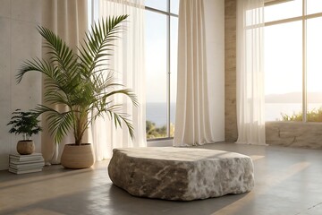 Serene Minimalist Living Room: Ocean View, Stone Coffee Table, Palm Plant, Natural Light