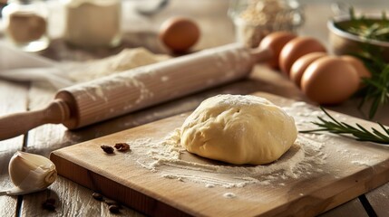 Fototapeta premium Preparing homemade dough on a wooden board, surrounded by ingredients such as eggs, flour, and herbs, for a rustic baking experience