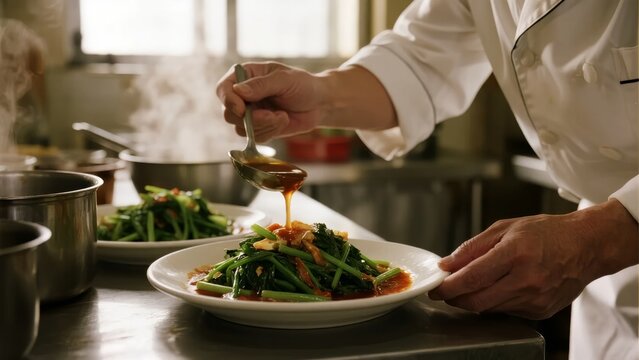 Chef plating a dish with greens and sauce in a professional kitchen