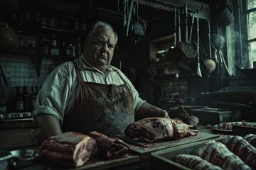 Serious butcher cutting meat in scary shop