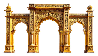 Ornate golden archway with intricate designs and pillars against a creating a sense of mystery and elegance for architectural projects isolated on solid white background in Png © Khalid