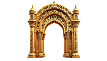 Ornate golden archway with intricate designs and pillars against a creating a sense of mystery and elegance for architectural projects isolated on solid white background 
Png form