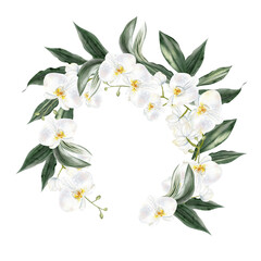 Wedding wreath with white flowers and green orchid leaves.