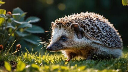 Fototapeta premium Hedgehog Foraging in a Sunlit Meadow Surrounded by Green Grass and Soft Evening Light