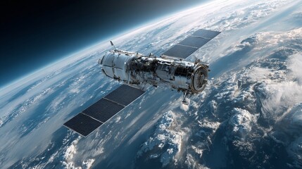 Space's technological leap: energy-harnessing earth satellites. High resolution. Energy and data: the dual role of orbital satellites. Large format. Empty space.