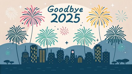 Colorful Fireworks Display Over Cityscape Celebrating New Year Goodbye 2025 with Joyful Vibes and Cheerful Atmosphere