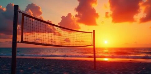 Beach volleyball net silhouetted against a vibrant sunrise, sport, volleyball