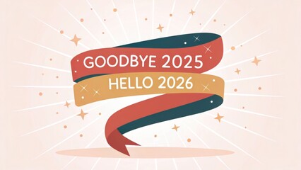 Colorful banner with text Goodbye 2025 and Hello 2026 celebrating New Year’s transition with stars and rays of light in background
