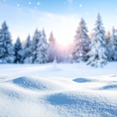 Fototapeta premium Blurry image of a winter forest, small snowdrifts and light snowfall - a beautiful winter-themed background wide format.