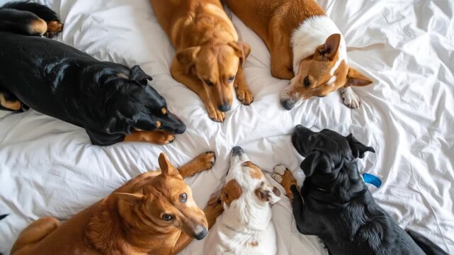 Overhead View of Multiple Dogs of Various Breeds and Colors Lying on White Textured Bedding with Natural Daylight