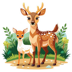 Adorable Cartoon Deer Doe and Fawn in Spring Forest Setting;  Cute, Friendly Wildlife Illustration.