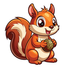 Adorable Cartoon Squirrel Holding Nut; Happy, Friendly, Childlike Illustration