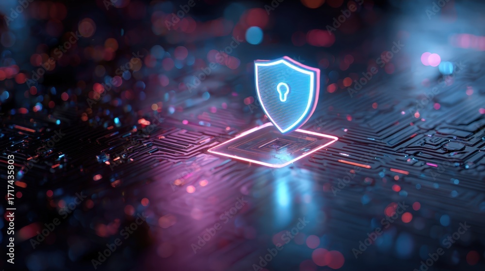 Poster vibrant abstract digital security concept with shield and keyhole over circuit background