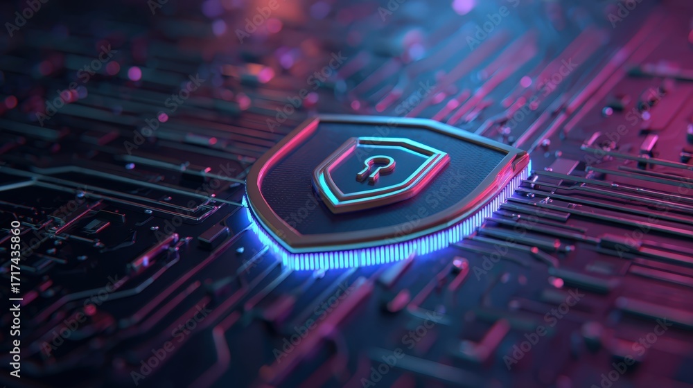 Poster digital security concept with shield and circuit background in neon colors for technology and safety