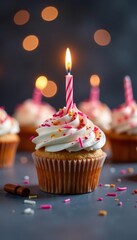 Birthday cupcake, lit candles, grey table, bokeh lights, photography, confectionery, delicious