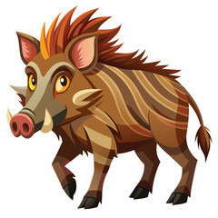 Friendly Cartoon Wild Boar, Brown and Orange Stripes,  Playful Expression, Vector Illustration, Isolated White Background.