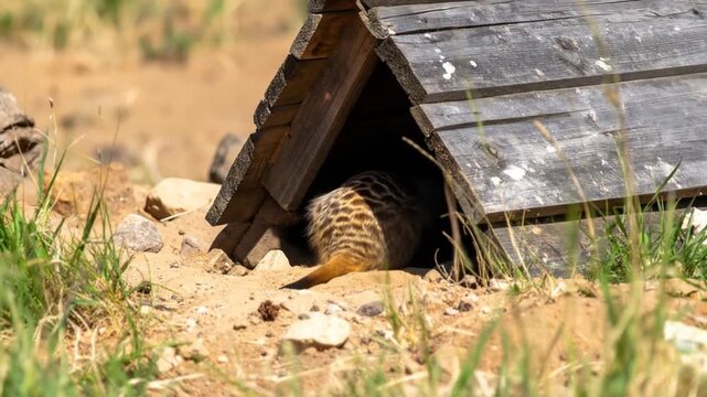 Alert Meerkat Peeks Out of Small Wooden Shelter in Sunny Outdoor Enclosure Featuring Sandy Ground And Green Grass Under Bright Lighting Condition