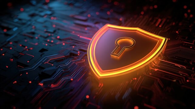 Vibrant Abstract Background with Security Shield Icon and Digital Circuit Patterns for Cybersecurity Concepts