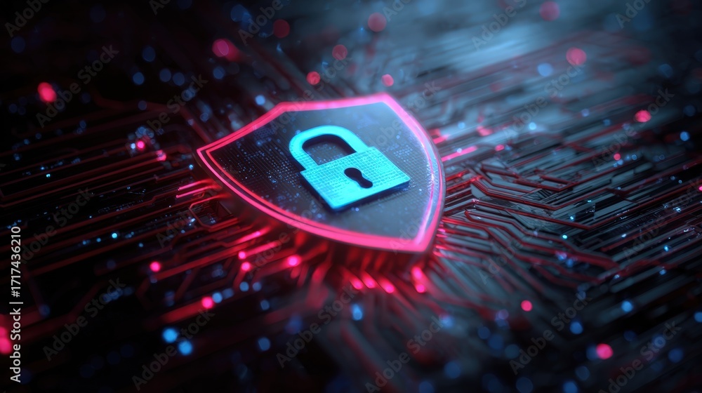 Poster futuristic security shield with lock on abstract digital background